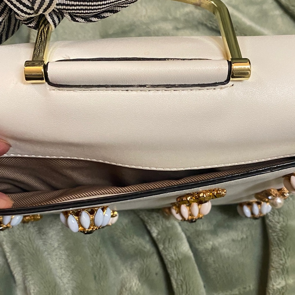 London Fog Cream Satchel with Gold Handle and Striped Bow Accent - Picture 5 of 6